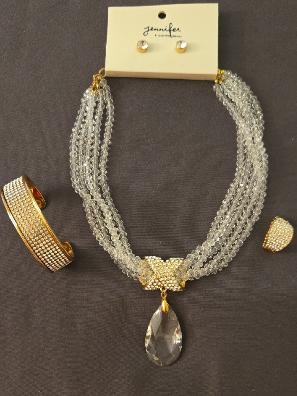 Crystal Multi-Strand Necklace with Gold Pave Pendant - Elegant Set
